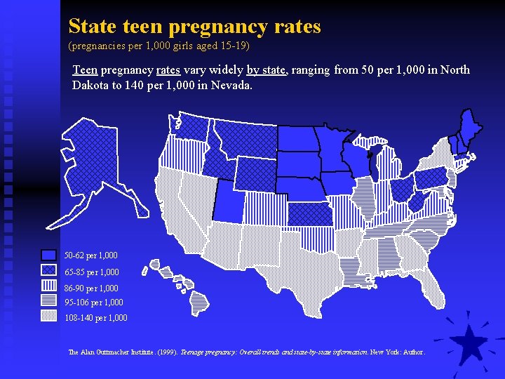 State teen pregnancy rates (pregnancies per 1, 000 girls aged 15 -19) Teen pregnancy