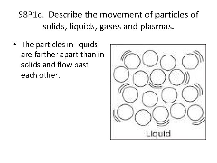 S 8 P 1 c. Describe the movement of particles of solids, liquids, gases