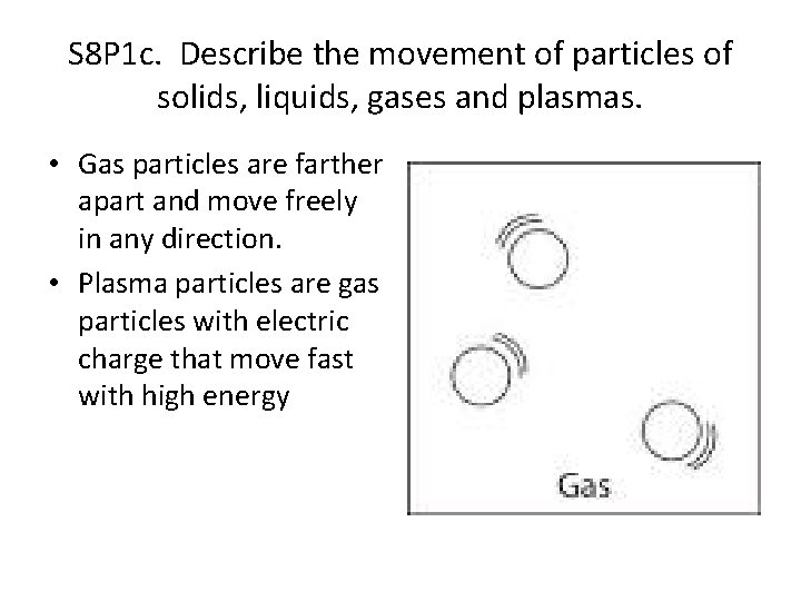 S 8 P 1 c. Describe the movement of particles of solids, liquids, gases