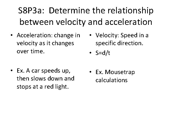 S 8 P 3 a: Determine the relationship between velocity and acceleration • Acceleration:
