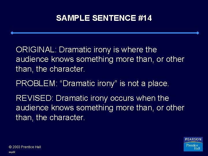 SAMPLE SENTENCE #14 ORIGINAL: Dramatic irony is where the audience knows something more than,