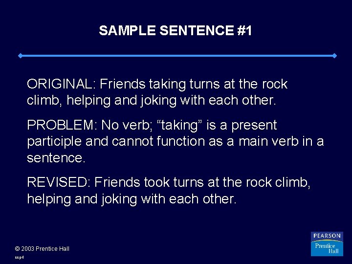 SAMPLE SENTENCE #1 ORIGINAL: Friends taking turns at the rock climb, helping and joking