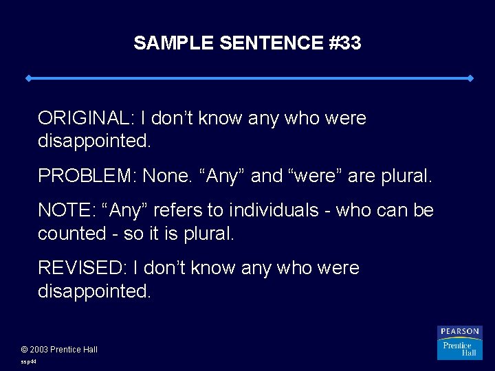 SAMPLE SENTENCE #33 ORIGINAL: I don’t know any who were disappointed. PROBLEM: None. “Any”