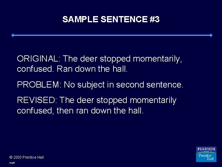 SAMPLE SENTENCE #3 ORIGINAL: The deer stopped momentarily, confused. Ran down the hall. PROBLEM: