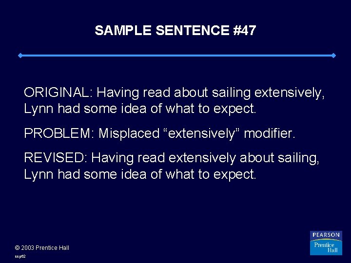 SAMPLE SENTENCE #47 ORIGINAL: Having read about sailing extensively, Lynn had some idea of