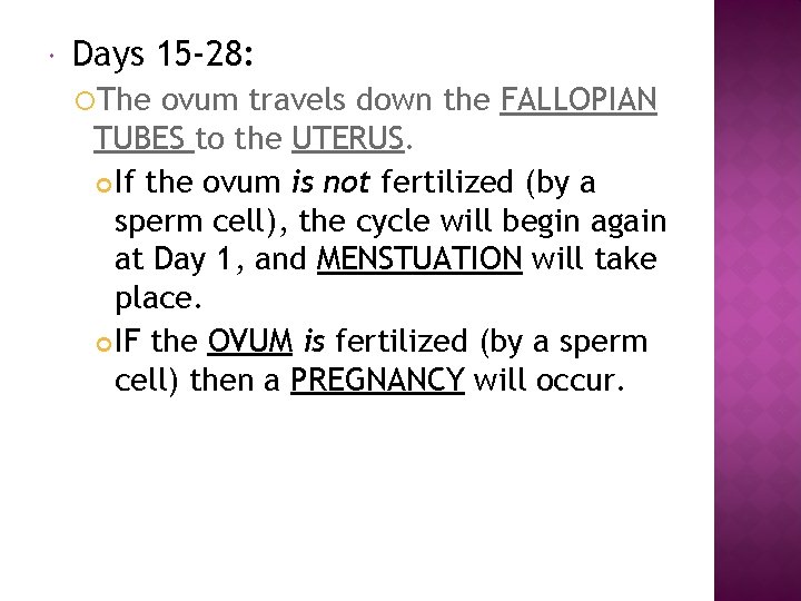  Days 15 -28: The ovum travels down the FALLOPIAN TUBES to the UTERUS.