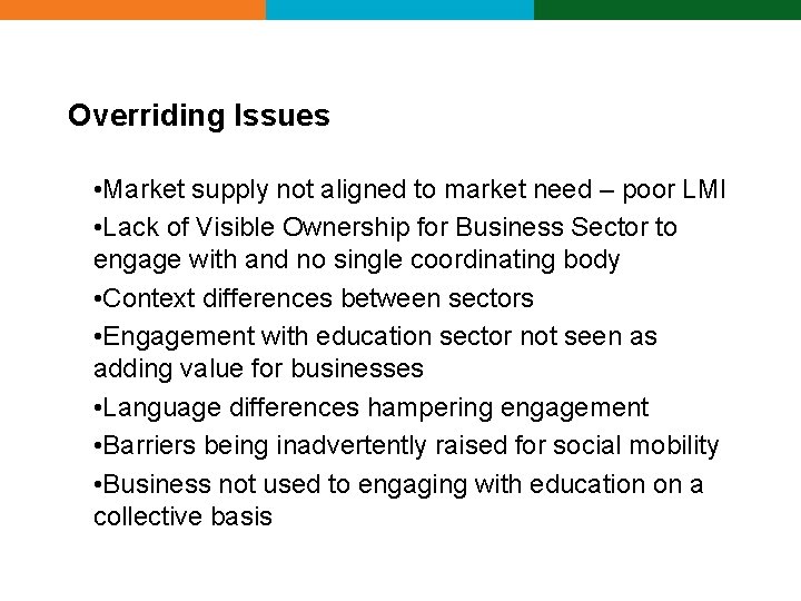 Overriding Issues • Market supply not aligned to market need – poor LMI • Overriding Issues • Market supply not aligned to market need – poor LMI •