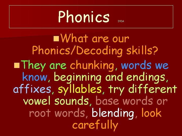 Phonics n. What 393 A are our Phonics/Decoding skills? n. They are chunking, words