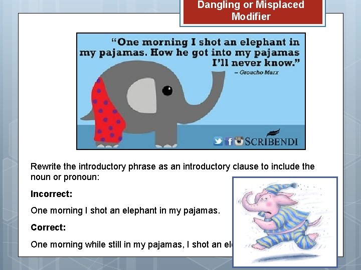 Dangling or Misplaced Modifier Rewrite the introductory phrase as an introductory clause to include