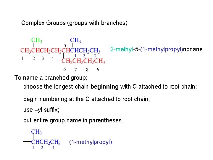 Complex Groups (groups with branches) 2 -methyl-5 -(1 -methylpropyl)nonane To name a branched group: