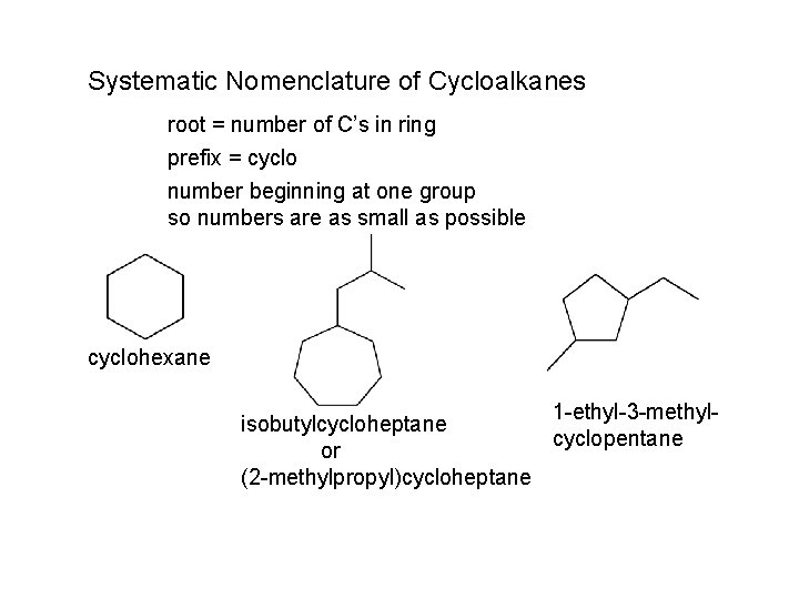 Systematic Nomenclature of Cycloalkanes root = number of C’s in ring prefix = cyclo