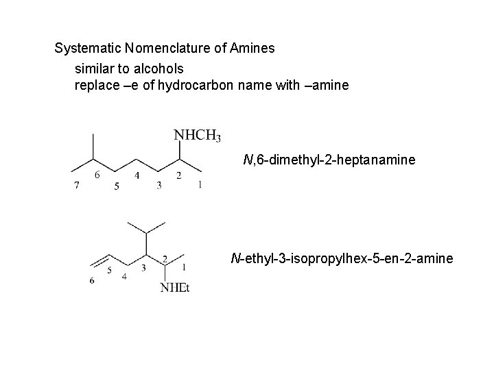 Systematic Nomenclature of Amines similar to alcohols replace –e of hydrocarbon name with –amine