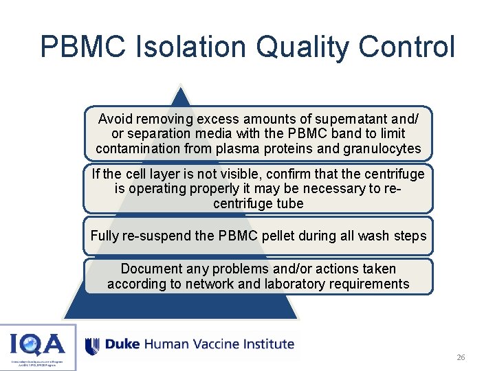 PBMC Isolation Quality Control Avoid removing excess amounts of supernatant and/ or separation media