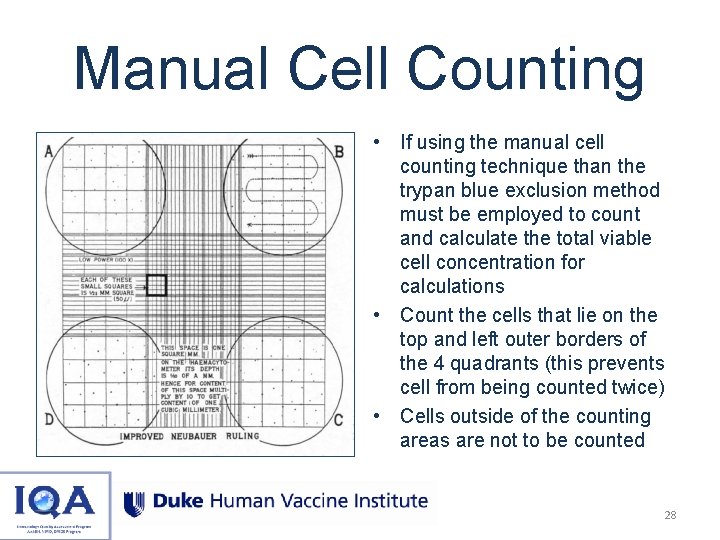 Manual Cell Counting • If using the manual cell counting technique than the trypan
