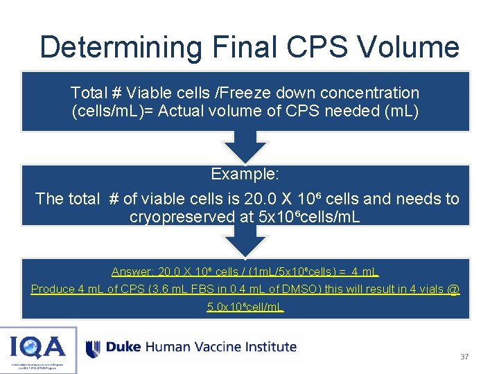 Determining Final CPS Volume Total # Viable cells /Freeze down concentration (cells/m. L)= Actual