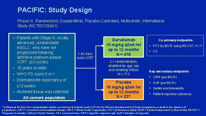 PACIFIC: Study Design Phase III, Randomized, Double-Blind, Placebo-Controlled, Multicenter, International Study (NCT 02125461) •