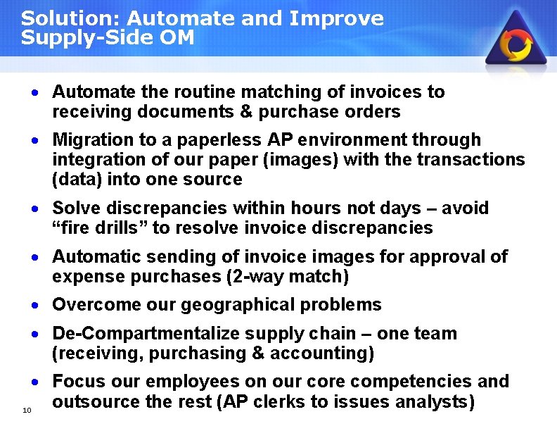 Solution: Automate and Improve Supply-Side OM · Automate the routine matching of invoices to