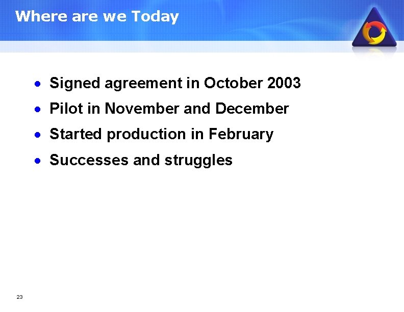 Where are we Today · Signed agreement in October 2003 · Pilot in November