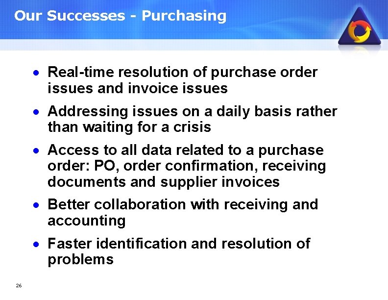 Our Successes - Purchasing · Real-time resolution of purchase order issues and invoice issues