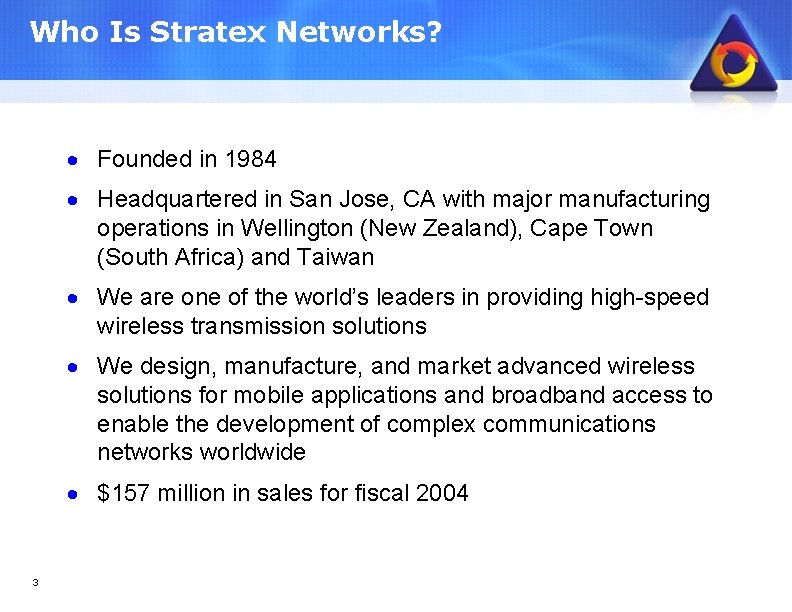 Who Is Stratex Networks? · Founded in 1984 · Headquartered in San Jose, CA