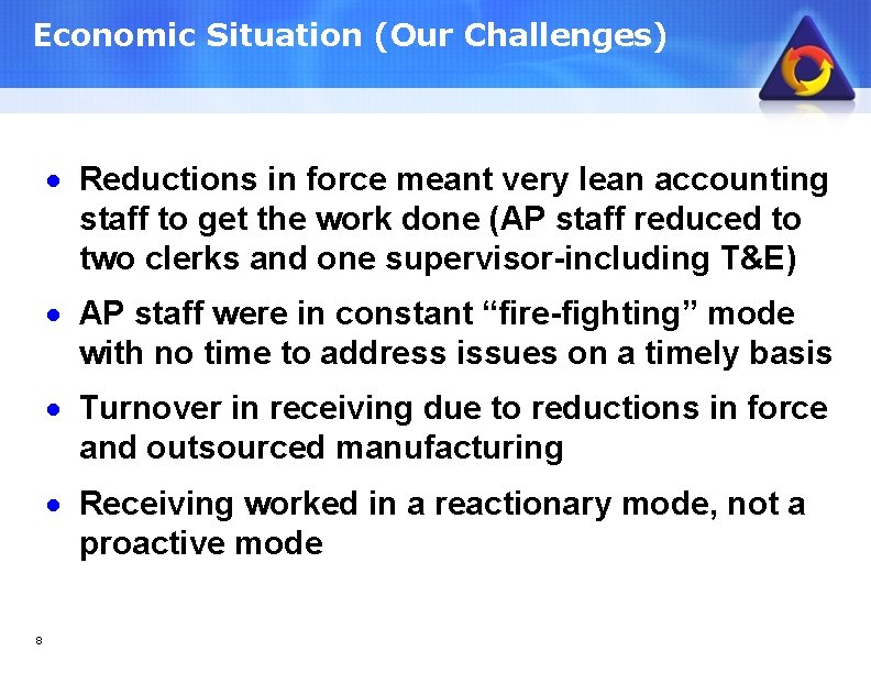 Economic Situation (Our Challenges) · Reductions in force meant very lean accounting staff to