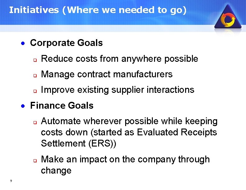 Initiatives (Where we needed to go) · Corporate Goals q Reduce costs from anywhere