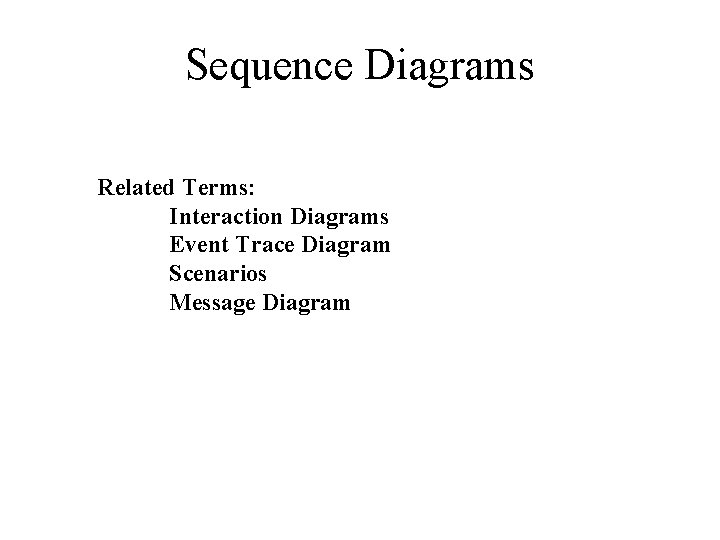 Sequence Diagrams Related Terms: Interaction Diagrams Event Trace Diagram Scenarios Message Diagram 