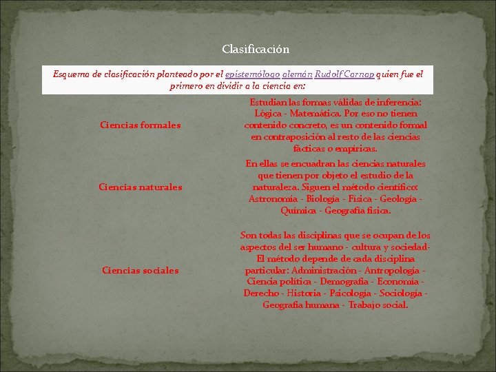 Clasificación Esquema de clasificación planteado por el epistemólogo alemán Rudolf Carnap quien fue el