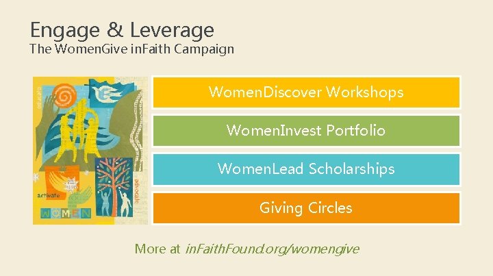 Engage & Leverage The Women. Give in. Faith Campaign Women. Discover Workshops Women. Invest