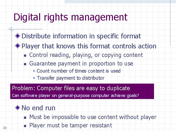 Digital rights management Distribute information in specific format Player that knows this format controls