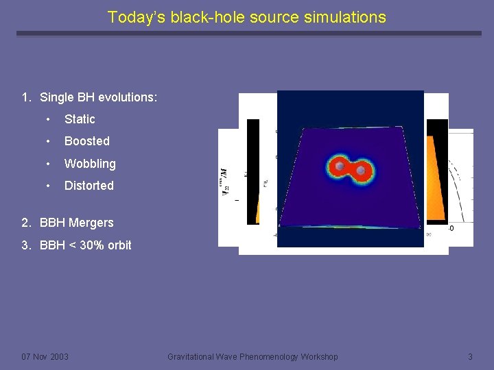 Today’s black-hole source simulations 1. Single BH evolutions: • Static • Boosted • Wobbling