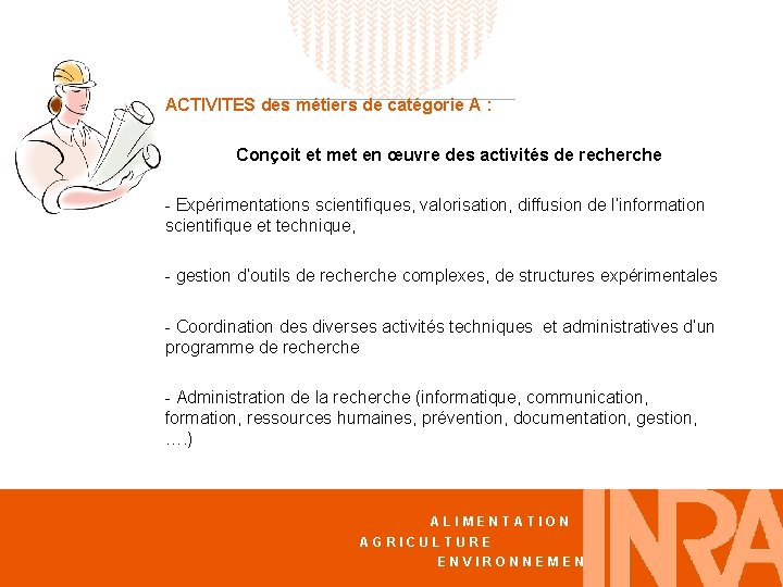 ACTIVITES des métiers de catégorie A : Conçoit et met en œuvre des activités