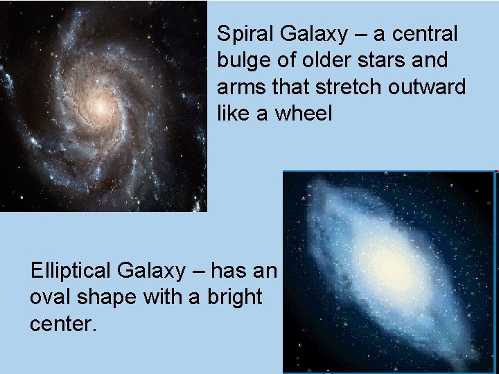 Spiral Galaxy – a central bulge of older stars and arms that stretch outward