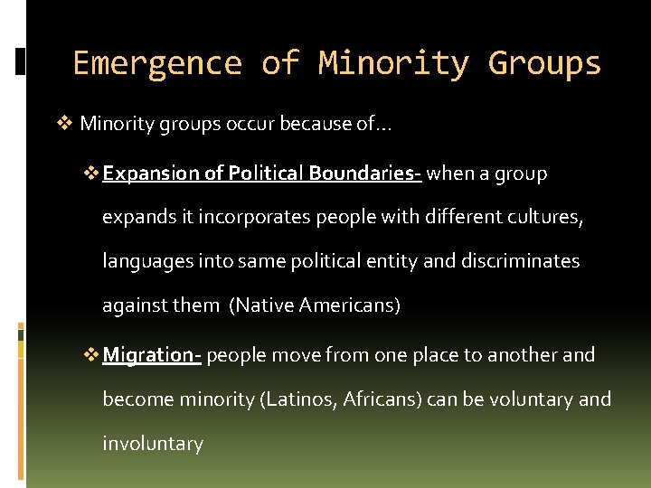 Emergence of Minority Groups v Minority groups occur because of… v Expansion of Political