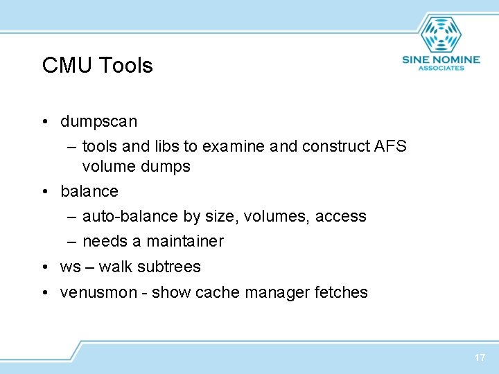 CMU Tools • dumpscan – tools and libs to examine and construct AFS volume