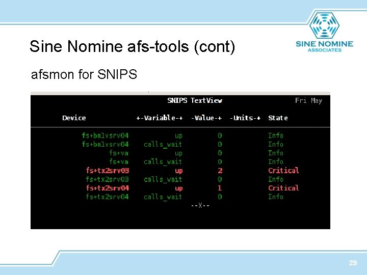 Sine Nomine afs-tools (cont) afsmon for SNIPS 29 