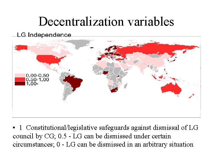 Decentralization variables • 1 Constitutional/legislative safeguards against dismissal of LG council by CG; 0.