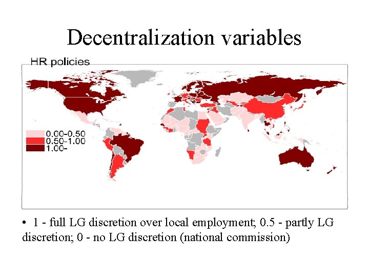 Decentralization variables • 1 - full LG discretion over local employment; 0. 5 -
