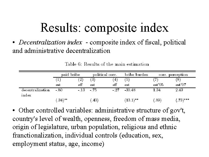 Results: composite index • Decentralization index - composite index of fiscal, political and administrative