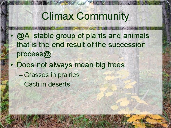 Climax Community • @A stable group of plants and animals that is the end