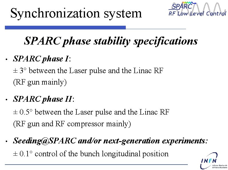 Synchronization system SPARC phase stability specifications • SPARC phase I: ± 3° between the