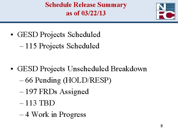 Schedule Release Summary as of 03/22/13 • GESD Projects Scheduled – 115 Projects Scheduled