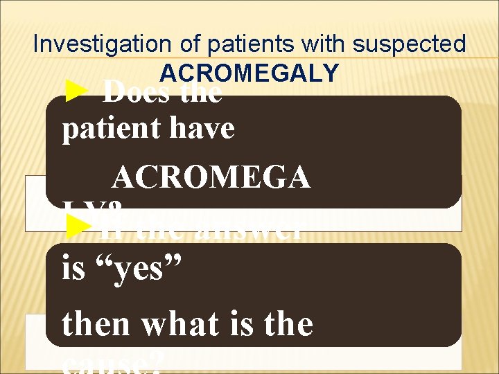 Investigation of patients with suspected ACROMEGALY ► Does the patient have ACROMEGA LY? ►If