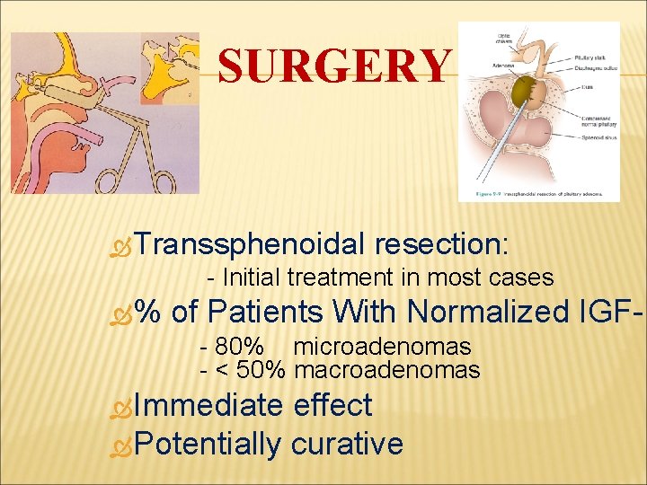 SURGERY Transsphenoidal resection: - Initial treatment in most cases % of Patients With Normalized