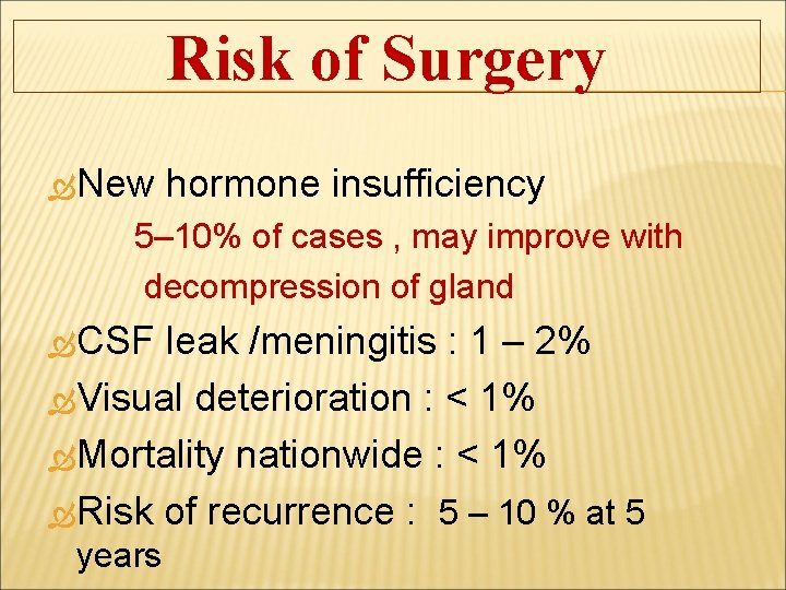 Risk of Surgery New hormone insufficiency 5– 10% of cases , may improve with