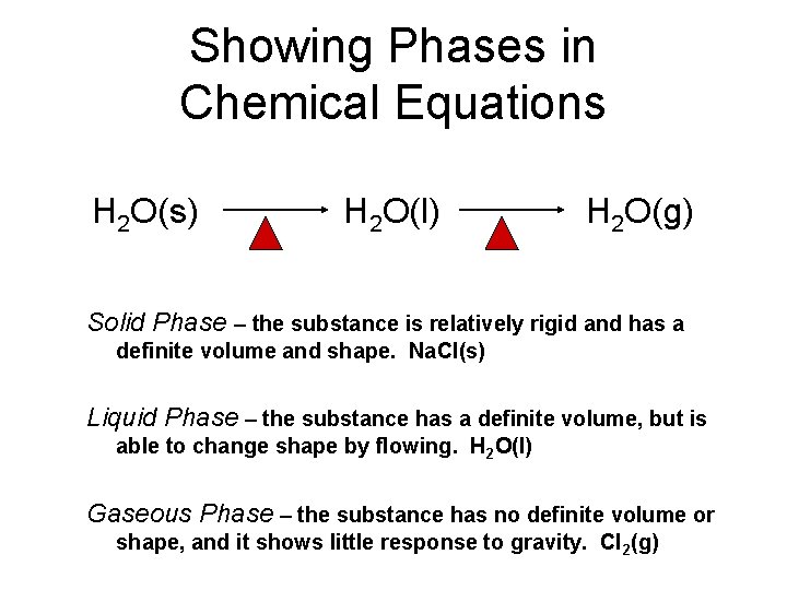 Showing Phases in Chemical Equations H 2 O(s) H 2 O(l) H 2 O(g)