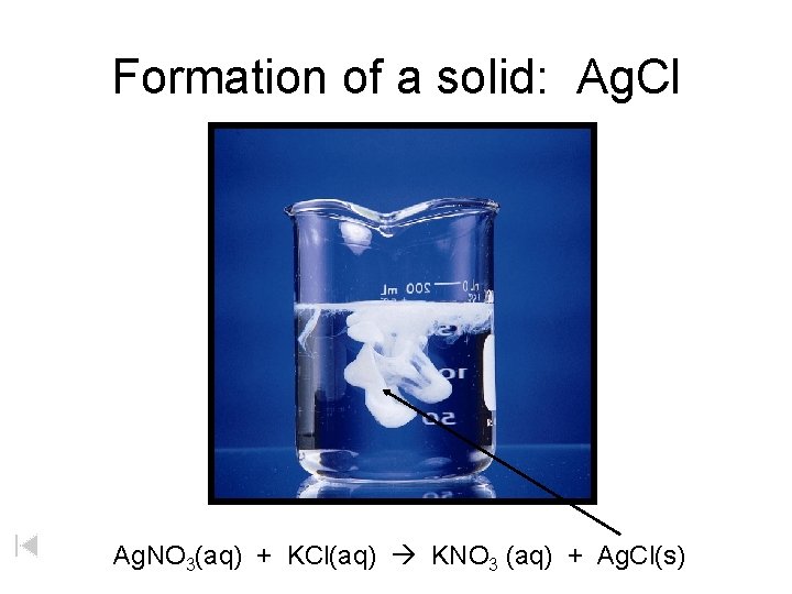 Formation of a solid: Ag. Cl Ag. NO 3(aq) + KCl(aq) KNO 3 (aq)