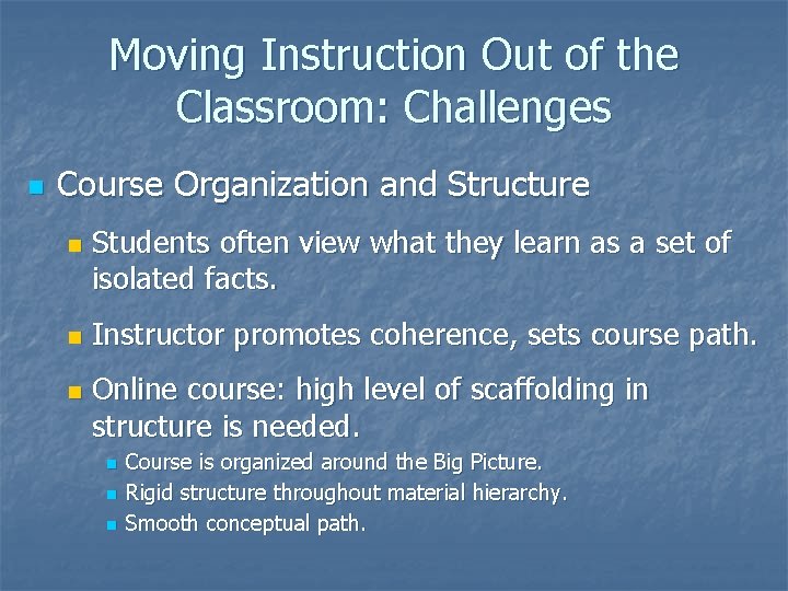 Moving Instruction Out of the Classroom: Challenges n Course Organization and Structure n n Moving Instruction Out of the Classroom: Challenges n Course Organization and Structure n n