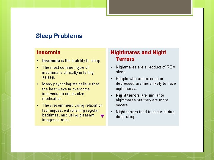 Sleep Problems Insomnia • Insomnia is the inability to sleep. • The most common