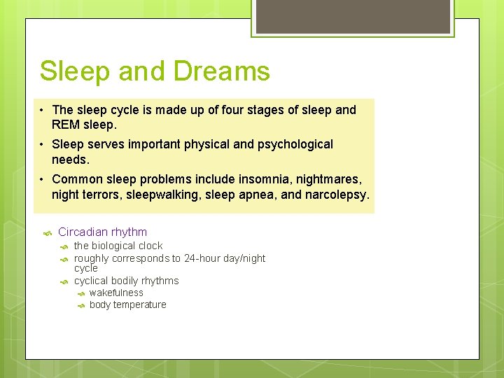 Sleep and Dreams • The sleep cycle is made up of four stages of